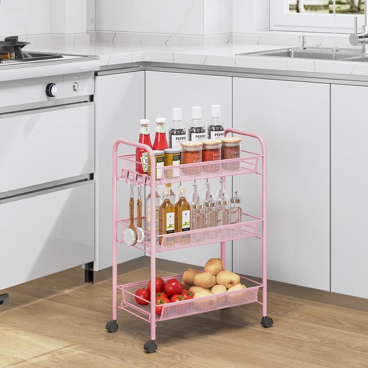 Rolwagen met 3 verdiepingen, multifunctionele mobiele keukentrolley voor badkamer, keuken en wasruimte. Roestvrij metaal, ademende gaasmand en zijhaken inbegrepen. Eenvoudige montage, roze