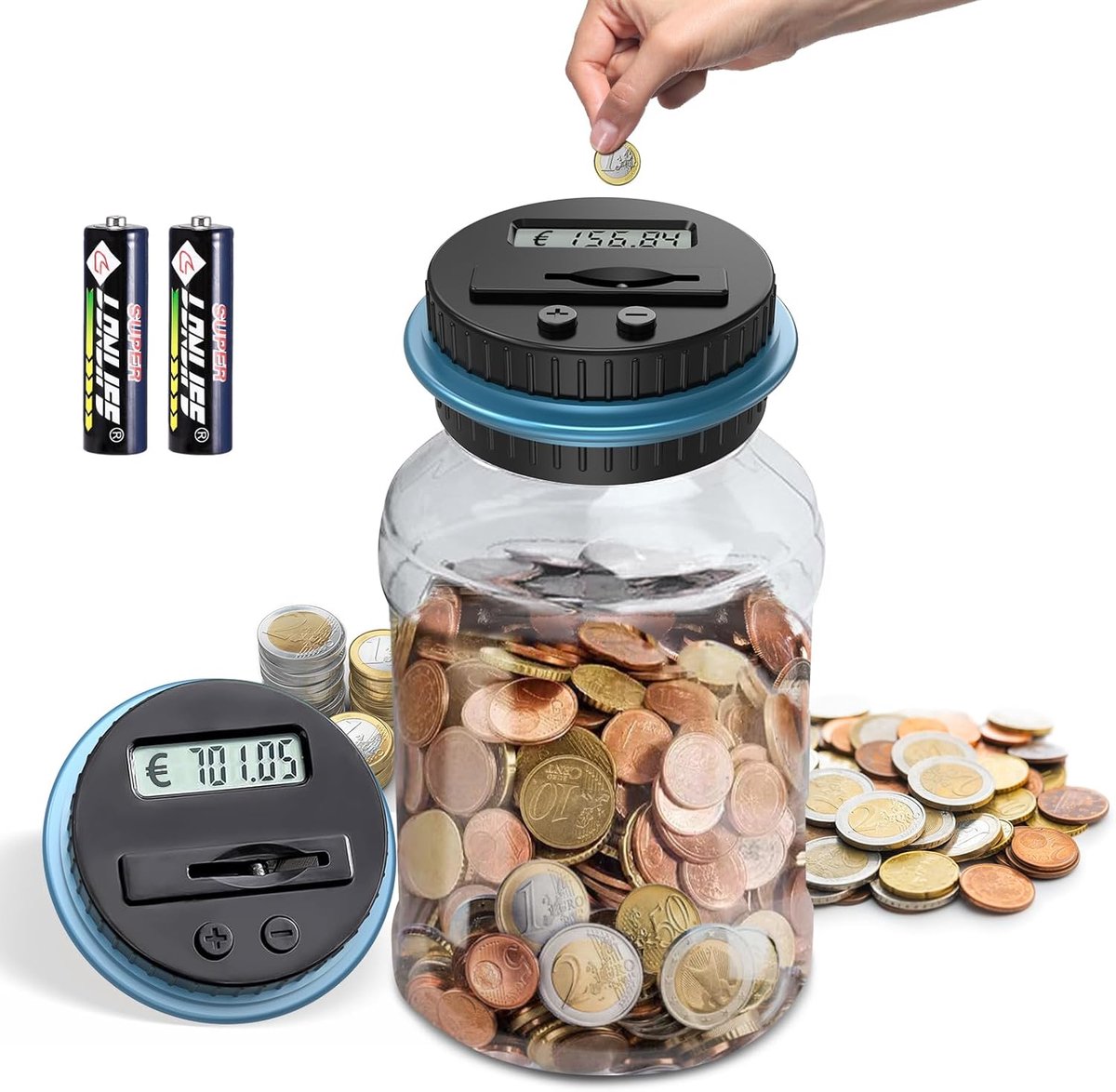 spaarpot, digitaal, met LCD-display, grote inhoud van 1,8 l, geschikt voor kinderen Modern design Pound Transparant