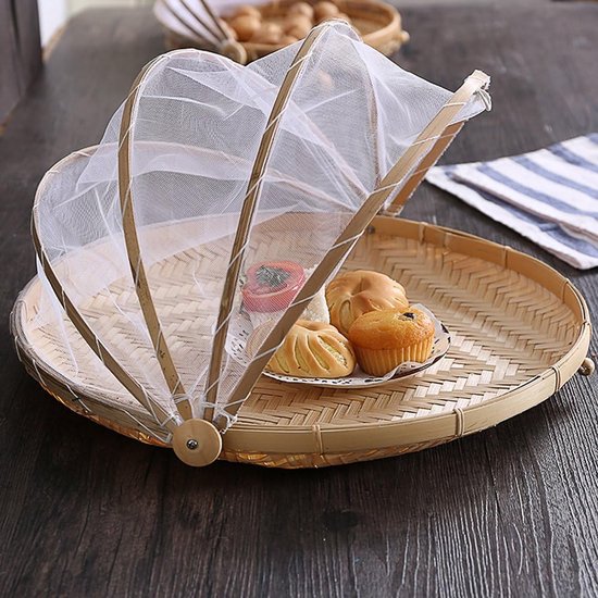 handgeweven tentafdekking, bamboe, fruitmand, eten, vliegenkap, groentemand, levensmiddelen, kap, mand met vliegenbescherming, picknickmand, serveermand, voor thuis, outdoor, picknick (S) — afbeelding 3