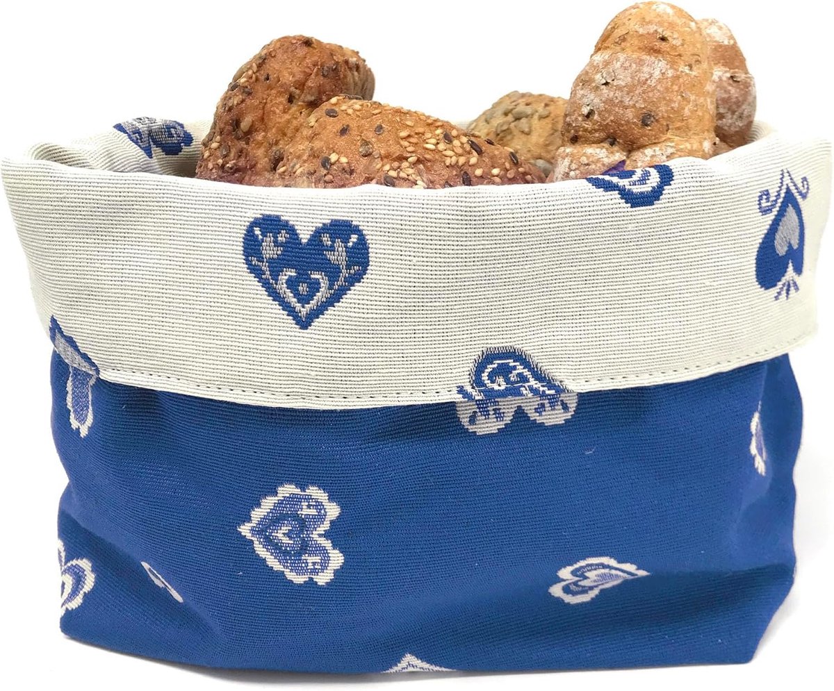 Doubleface broodmand, broodmand van stof, in de Tiroolse berg met hartjes, designzak in ambachtelijke kwaliteit, 20 x 20 x 10 cm, blauw, dubbelzijdig