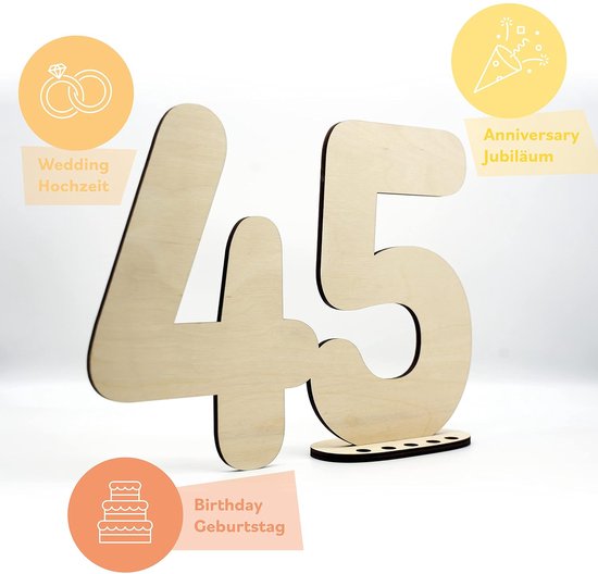 Gastenboek houten decoratief bord cijfer 45, om zelf te beschrijven, als cadeau met standaard en verjaardagskaarsenhouder, voor 45e verjaardagsdecoratie, 45 jaar jubileum of bruiloft — afbeelding 3