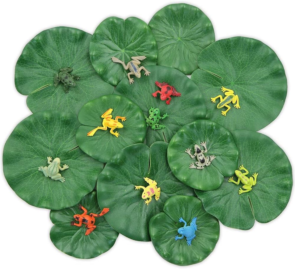 Lelie Pads Set Inclusief 12 stks Mini Realistische Kikkers en 12 stks Kunstmatige Drijvende Lotus Bladeren voor Vijver Fontein Tuin Zwembad Visvijver Aquarium Decoratie