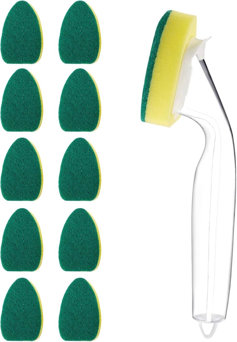 Afwasspons met afwasmiddeldispenser, inclusief 1 vaatwasstang en 10 reservesponskoppen, reinigingsspons afwasborstels met handvat, duurzaam, krasbestendig