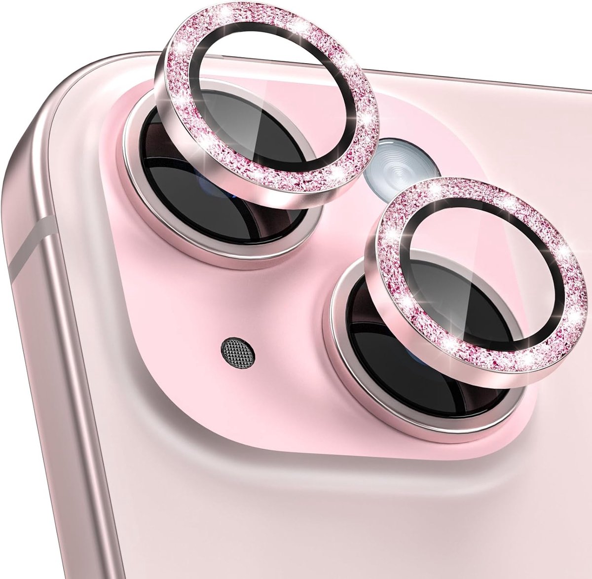 Camerabescherming voor iPhone 15 6,1 inch en iPhone 15 Plus 6,7 inch, displaybescherming van gehard glas, accessoires 9H, krasbestendig, HD helder, glitter roze