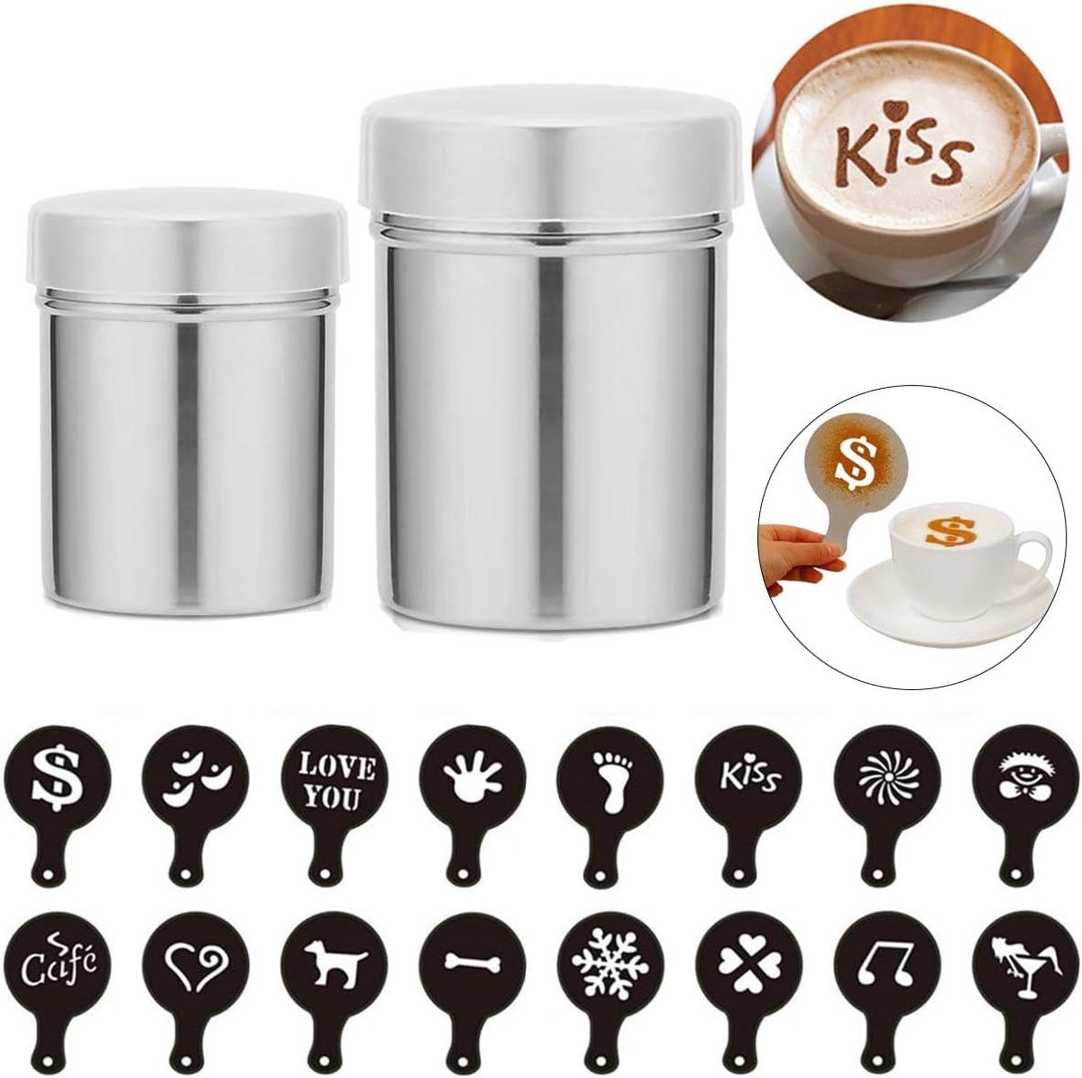 2PCS Rvs Poeder Shaker Cacao Shaker Koffie Met Fijnmazige Deksel Cacao Shaker Cacao Graafmachine Cacaostrooier Cacaostrooiers Cappuccino Poedersuiker Strooier Roestvrij Staal Poeder Strooier