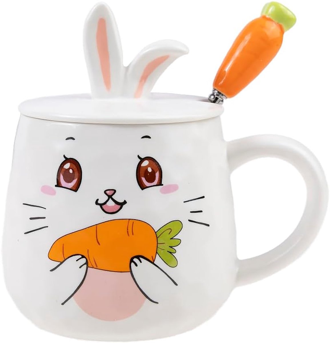 lachineuse Mok collectie konijn – smakelijke wortel – met deksel en lepel – inhoud: