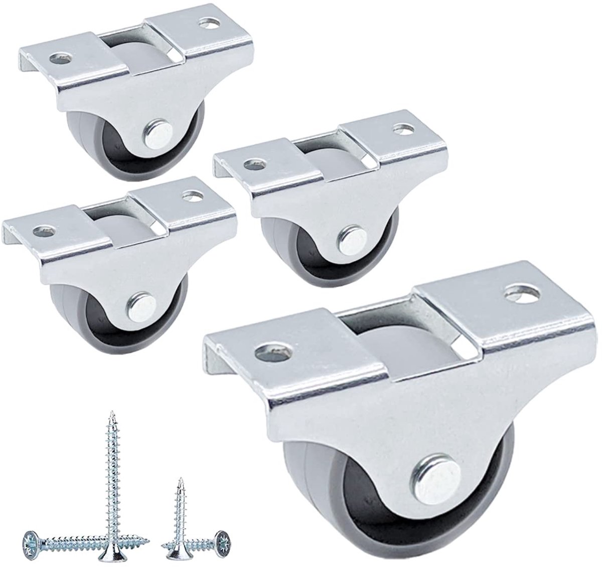 (Pack van 4 stuks) Kleine 25 mm meubelwielen, grijze kunststof wielen, niet-draaibare, vaste wielen, eenrichtingsrichting, schroeven inbegrepen (4)