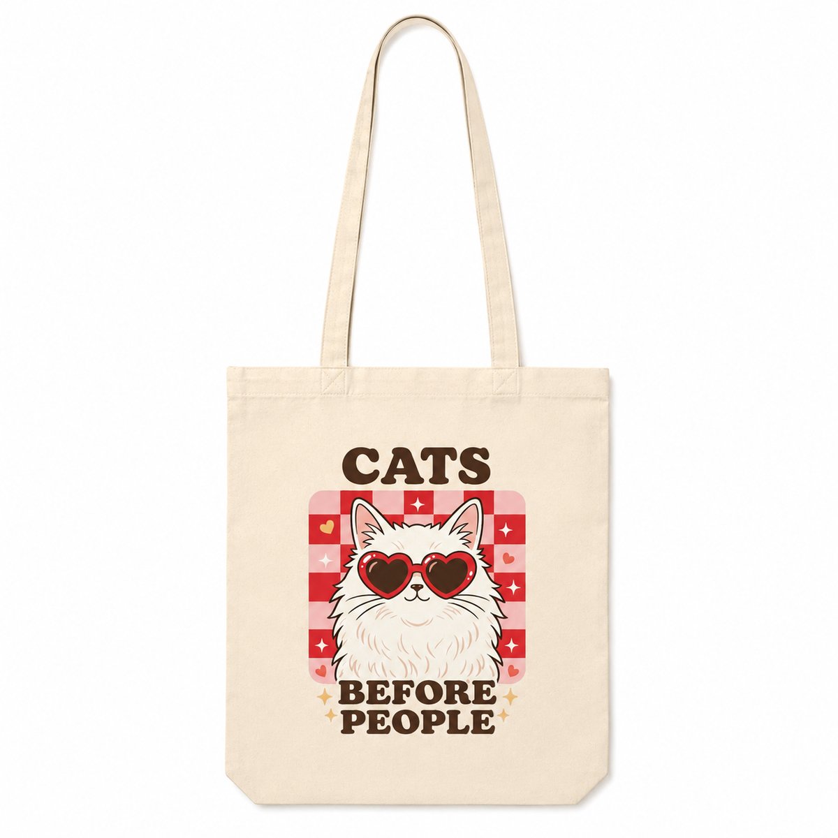 Cats Before People Tote Bag – Canvas Shopper – Katten Tas met Tekst – Cadeau voor Kattenliefhebber – Cute Cat Lover Draagtas – Beige 38x42 cm
