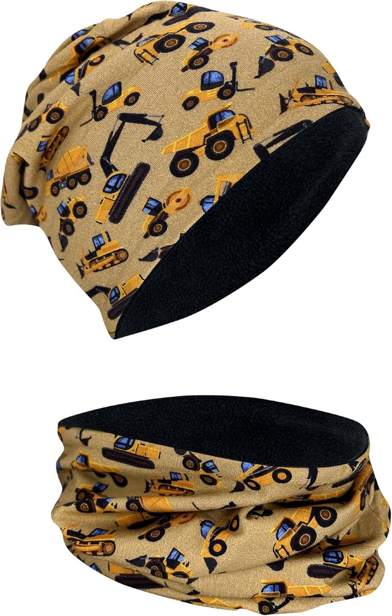 Kinder Beanie & Nekwarmer Set – met fleece- of jerseyliner (omkeerbaar) – unisex voor jongens en meisjes – 95% katoen – ideaal voor herfst, lente en winter