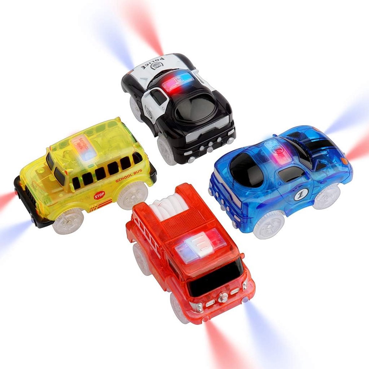 Cars,4 Pack speelgoed magische auto met 5 LED knipperende lichten, glow in the dark speelgoed auto's, compatibel met de meeste tracks voor kinderen, jongens en meisjes