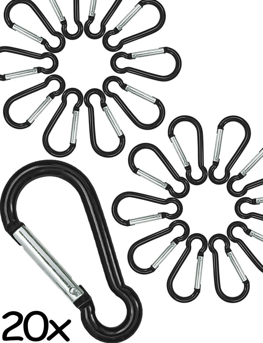 20 x aluminium mini-karabijnhaken, S-karabijnhaken voor bevestiging van uitrusting aan rugzak, riem, tent, kano, sleutelhanger, 4 cm, zwart, voordeelverpakking van 20 stuks