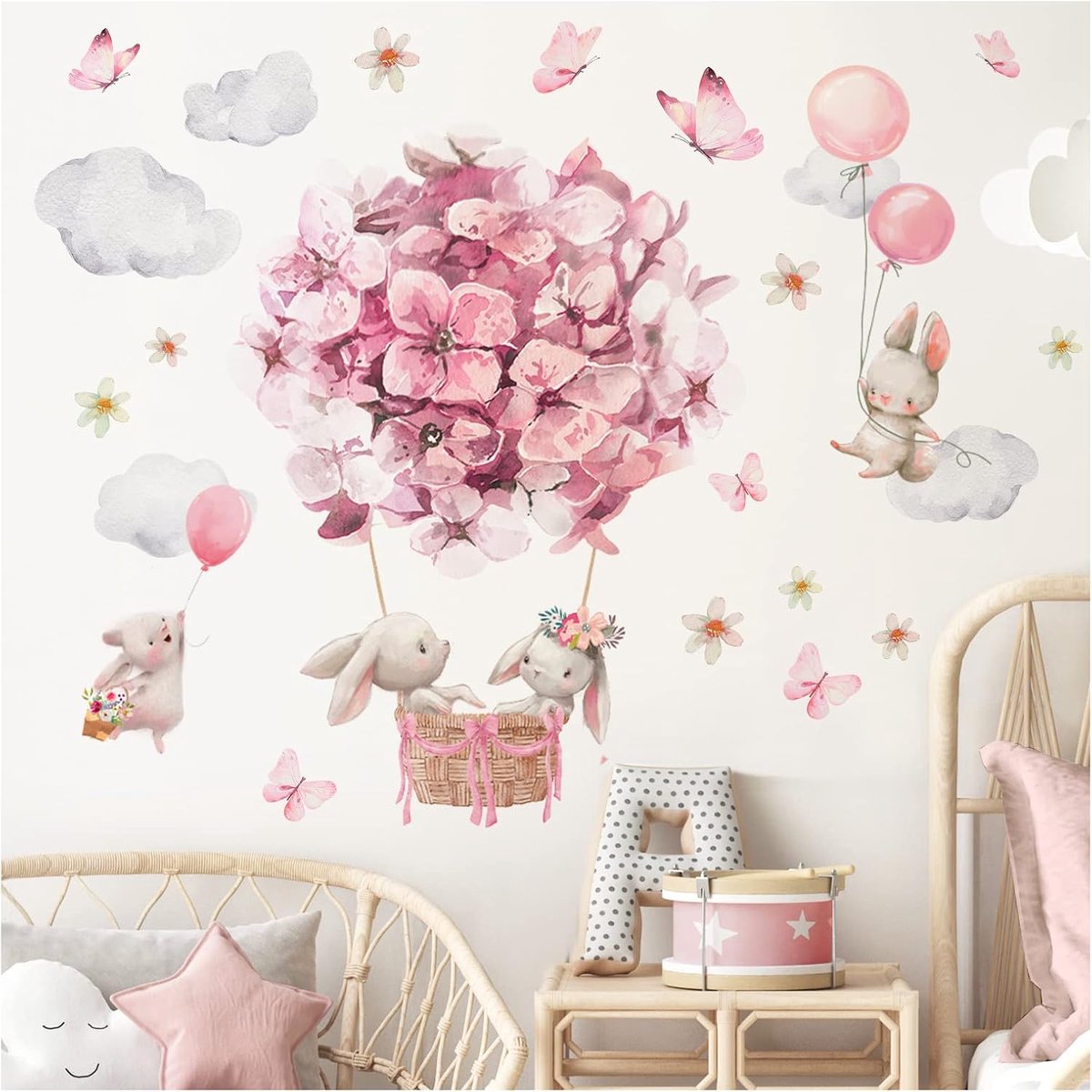 Deco Muursticker heteluchtballon bloemen vlinders muursticker | Dieren met ballon kinderkamer wanddecoratie DL820-2