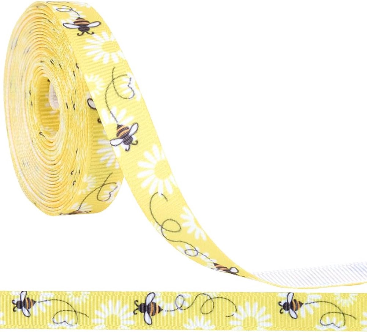 9.14M 10mm Geel Bijen Lint Wit Polyester Bijen Patroon Print Lint Lente Gedrukt Grosgrain Stof Linten Dunne Bulk Roll Voor Naaien Maken Ambachten Krans Home Party Decor Supply