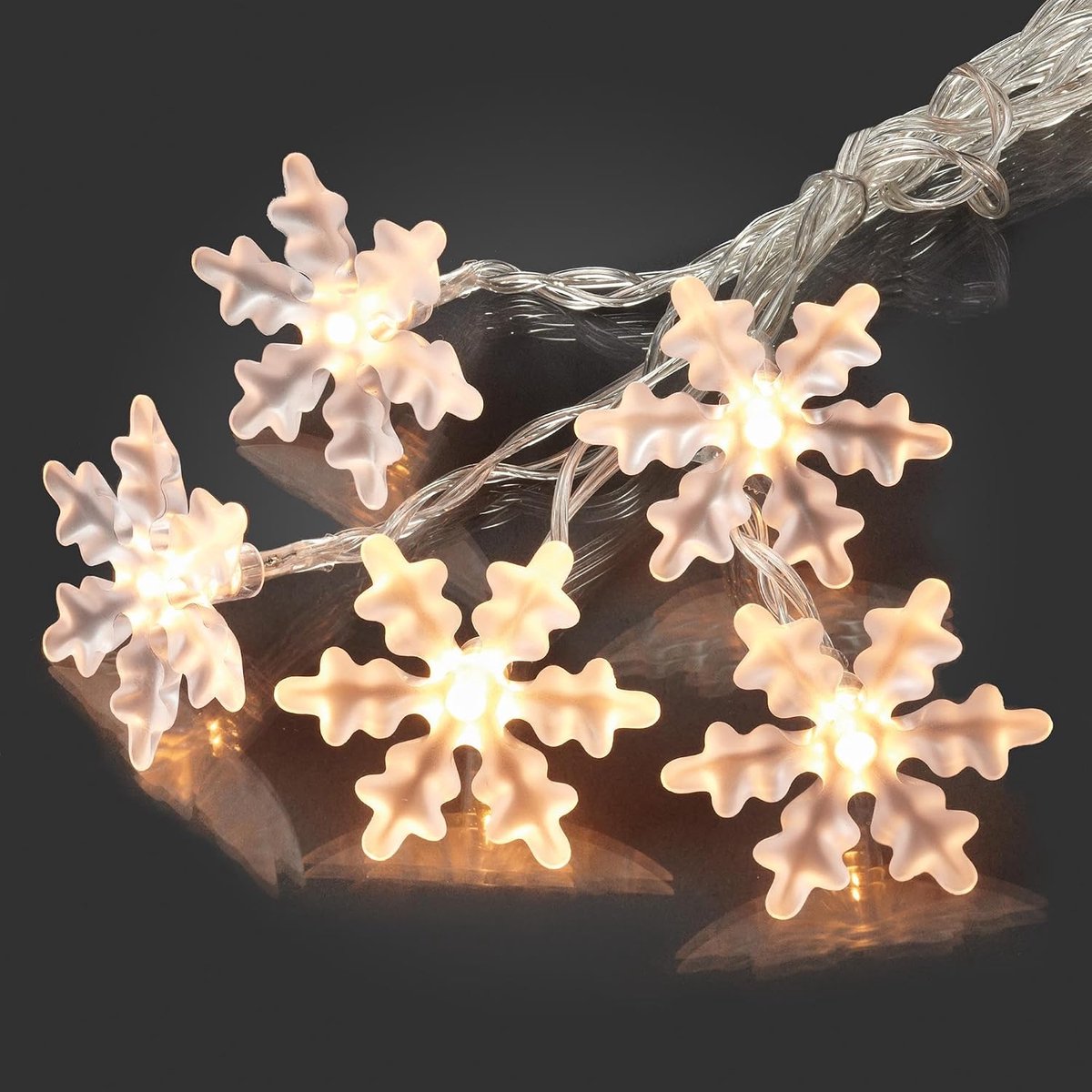 hellum Led-sneeuwvlokkenketting, 10 leds, warmwit, werkt op batterijen (3 x AA, niet inbegrepen), binnen IP20, verlichte lengte 1,35 m, transparante kabel, woonkamer, decoratie, kerstboom, 152753