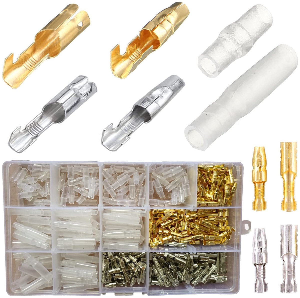 SnelShoppen - Ball Joint Set 400pcs - 3.9mm Gouden Messing Terminals - Mannen en Vrouwen Dubbele Crimp Klemmen met Isolatiehoes voor Motor, Auto, Powe
