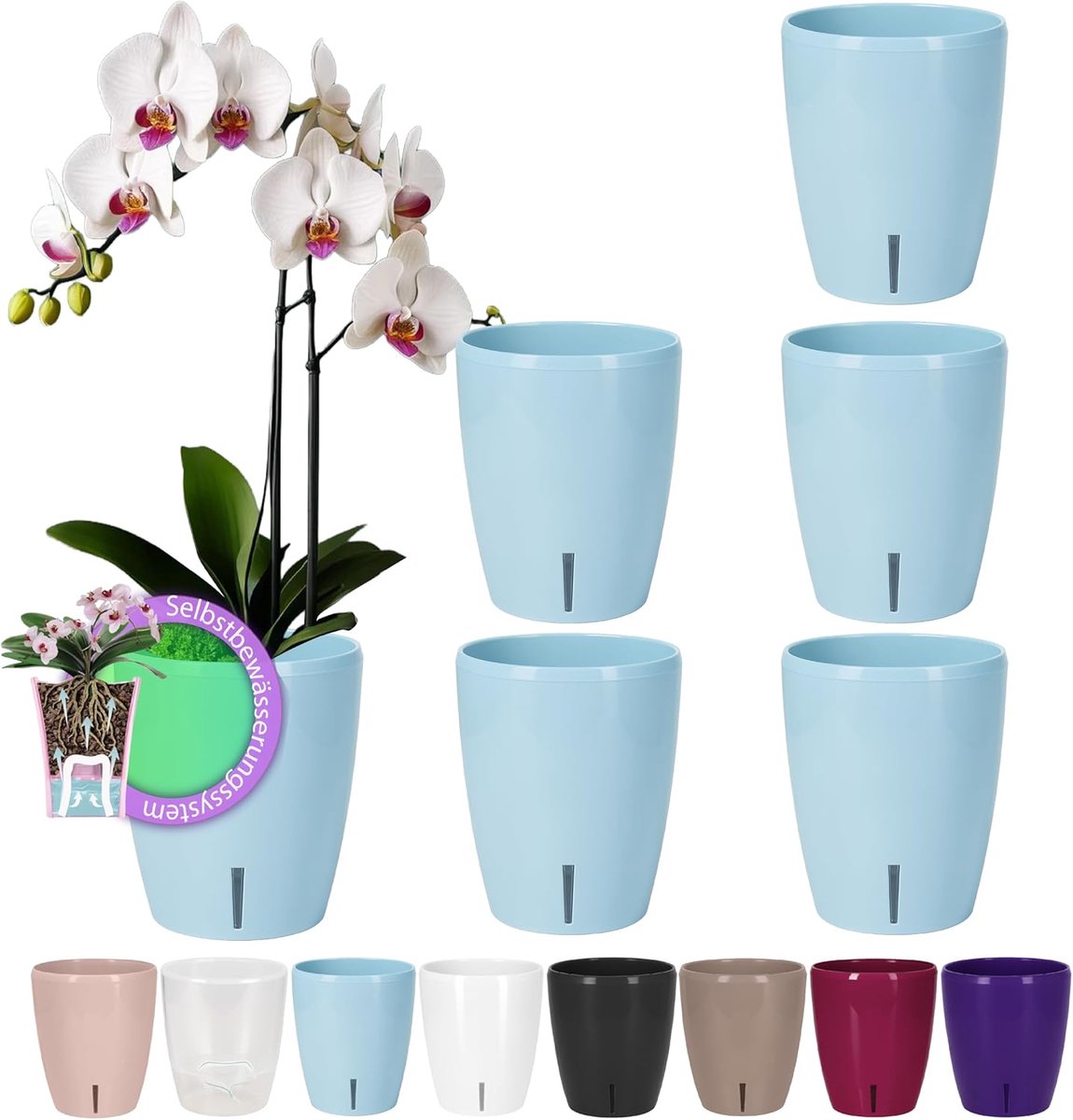 SnelShoppen - Set van 6 Zelfwaterende Orchideeënpotten met Waterwickingssysteem en Waterpeilindicator, Diameter 15 cm, Blauw, 2 Liter voor Binnengebru