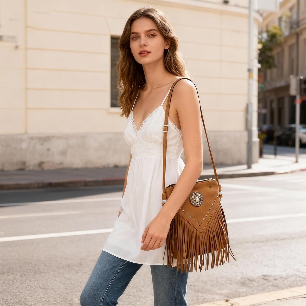Jaren 70-outfit voor dames, vintage tas