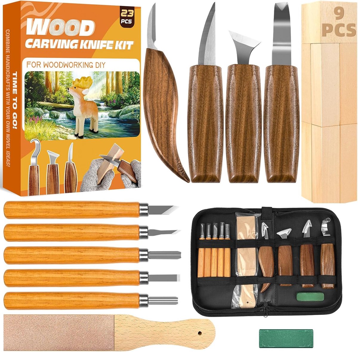 23-delige houtsnijset, houtsnijset met 4 grote houtsnijmessen, 5 detailmessen, handschoenen en PU-tas, houtsnijgereedschapsset voor beginners