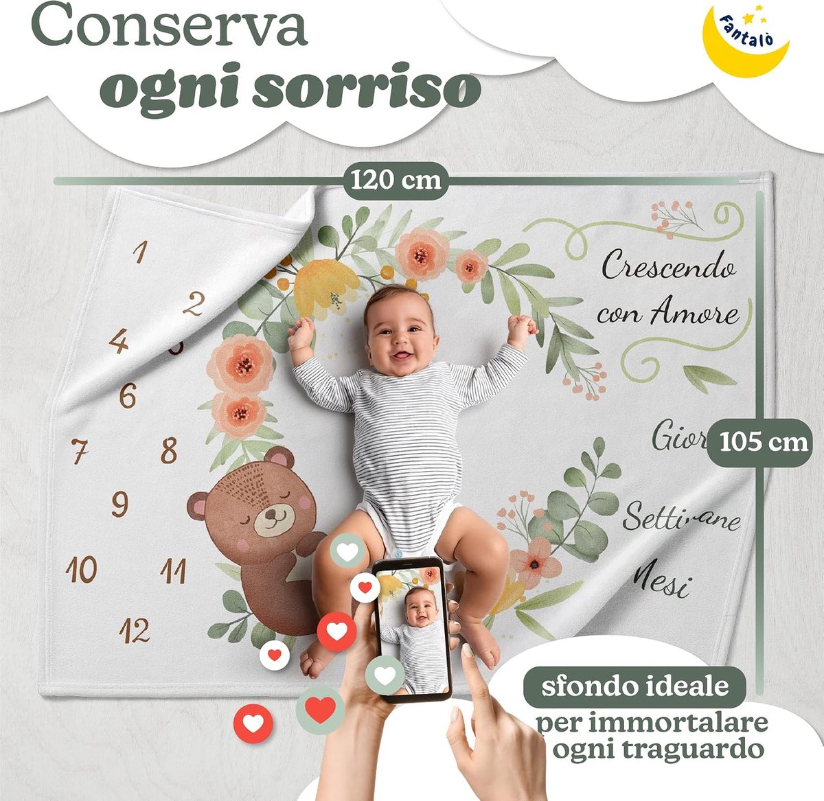 Deken maanden voor pasgeborenen, foto in Italiaans, uniseks tapijt voor pasgeborenen en meisjes, Crearicordi – cadeau-idee voor de geboorte van een kind, onmisbaar voor pasgeborenen (Teddy)
