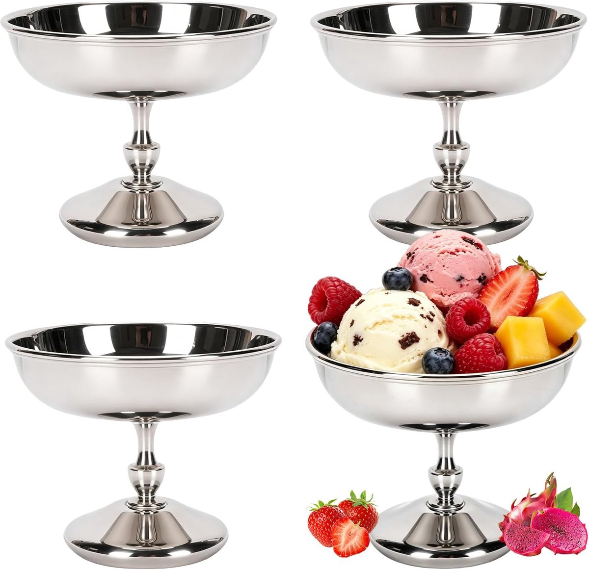 4 stuks ijsbekers Ø 10,5 cm 180 ml vintage roestvrij staal dessertkom met voet, #3 | Cocktailglazen Ice Cream Sundae dessertglazen voor fruit, salade, yoghurt en fruitpudding, voor bruiloften, feesten