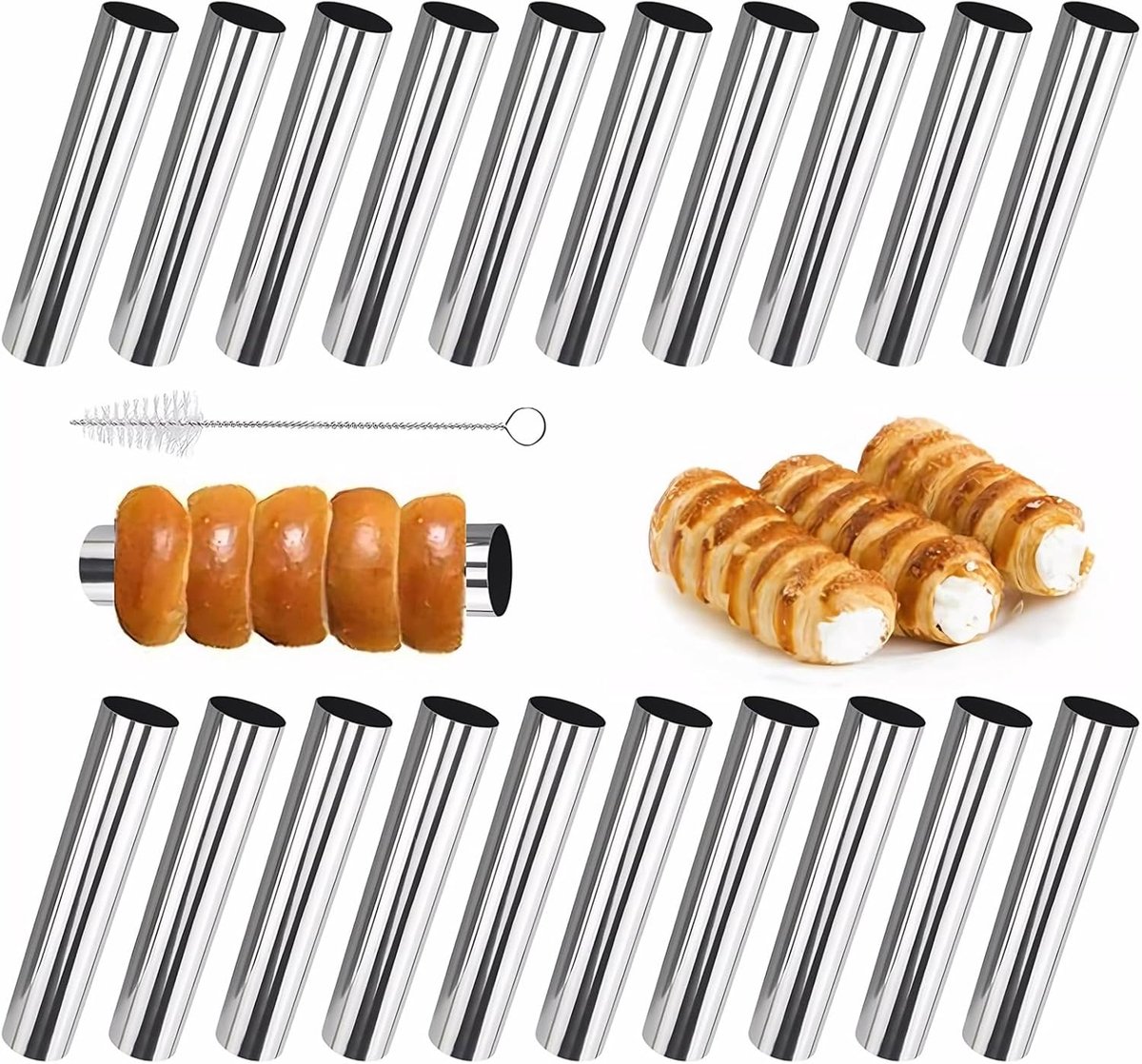 bakvorm van schuimrollen, met reinigingsborstel, irisantvorm, roestvrij staal, cannoli-buisjes, bakvorm, croissantvorm, 20 stuks