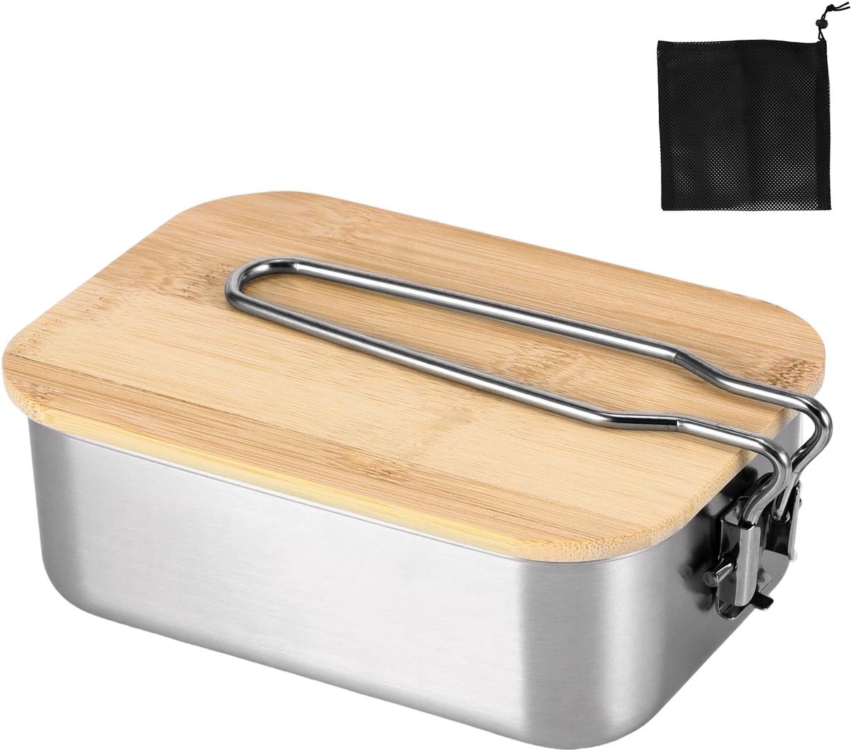 Lunchbox voor volwassenen/kinderen, met opbergtas, roestvrij staal, snackbox, bamboedeken, broodtrommel, school, lunchbox van roestvrij staal 304, voor picknick, camping, school, kantoor (900