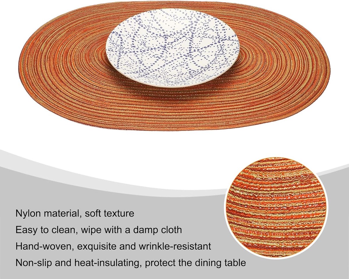 Placemats 50 cm antislip ovale placemats voor eettafels wasbare hittebestendige geweven placemats voor binnen en buiten voor vakantiediner, oranje