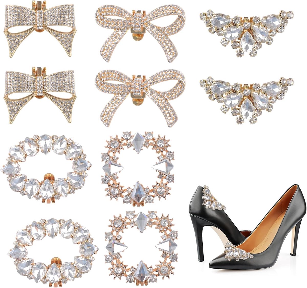 schoenclips, 5 paar kristallen schoenclips strik vierkante decoratieve afneembare gespen clips voor vrouwen bruid bruiloft gala feest hoge hakken accessoires