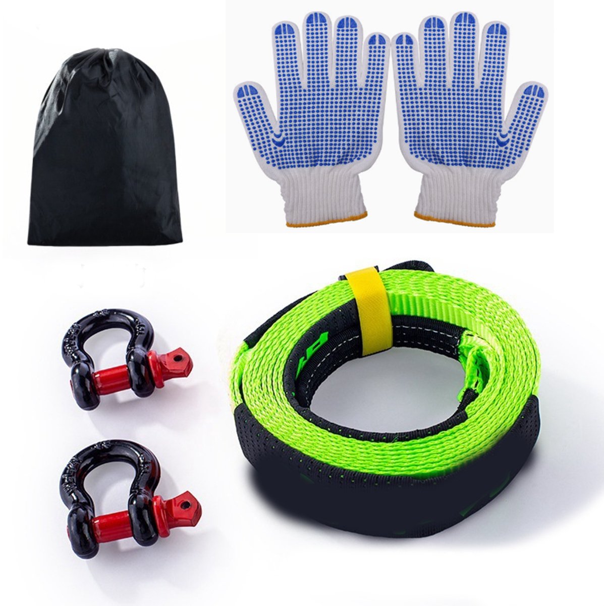 KZQ 8T sleepkabel 5m x 5cm met 2 versterkte haken en 1 paar handschoenen - Premium nylon sleepband voor auto SUV truck en off-road - Groen
