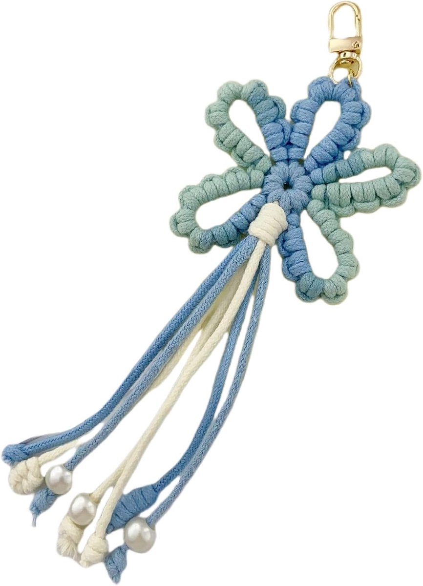 1 stuk sleutelhanger handbreien, tashanger met bloemenkwast, handgemaakte bloemenhanger, geweven hanger, bloemenhanger, decoratie, voor sleutels, autosleutel, zakaccessoires, blauw groen