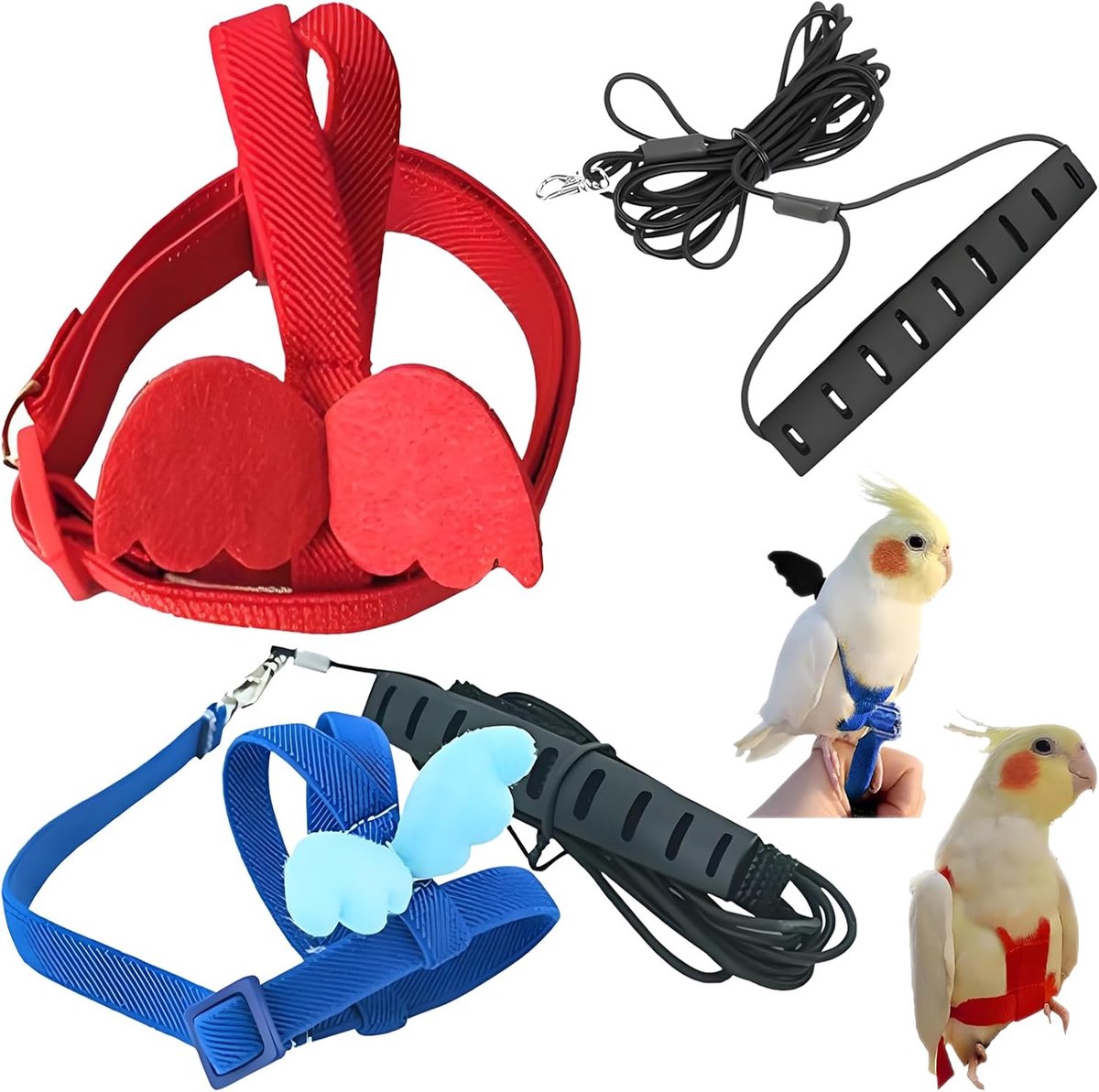 2 stuks verstelbaar harnas voor papegaaien, 2 m trekkoord, harnas en lijn voor vogels, papegaaien, cacadus, ara's, training en outdooractiviteiten (blauw en rood, M)