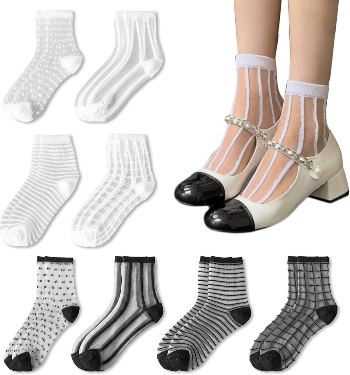 8 Paar Doorzichtige Sokken, Zwart Witte Transparante Nylon Sokken voor Dames, Transparante Sokken Klederdrachtsokken Enkelsokken voor Dames
