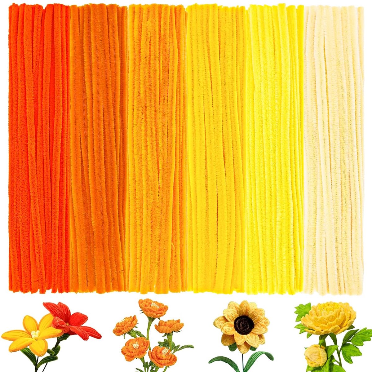 300 Chenilledraad Knutsel 30cm Lang 6mm Dik - 6 Tinten Kleurverloop Oranje | Chenillestokjes Pijpenragers Kleurrijke, Pipe Cleaners Craft Flowers Kit, DIY, Bloemen, Feest, Geschenk, Decoratie, Geschenk