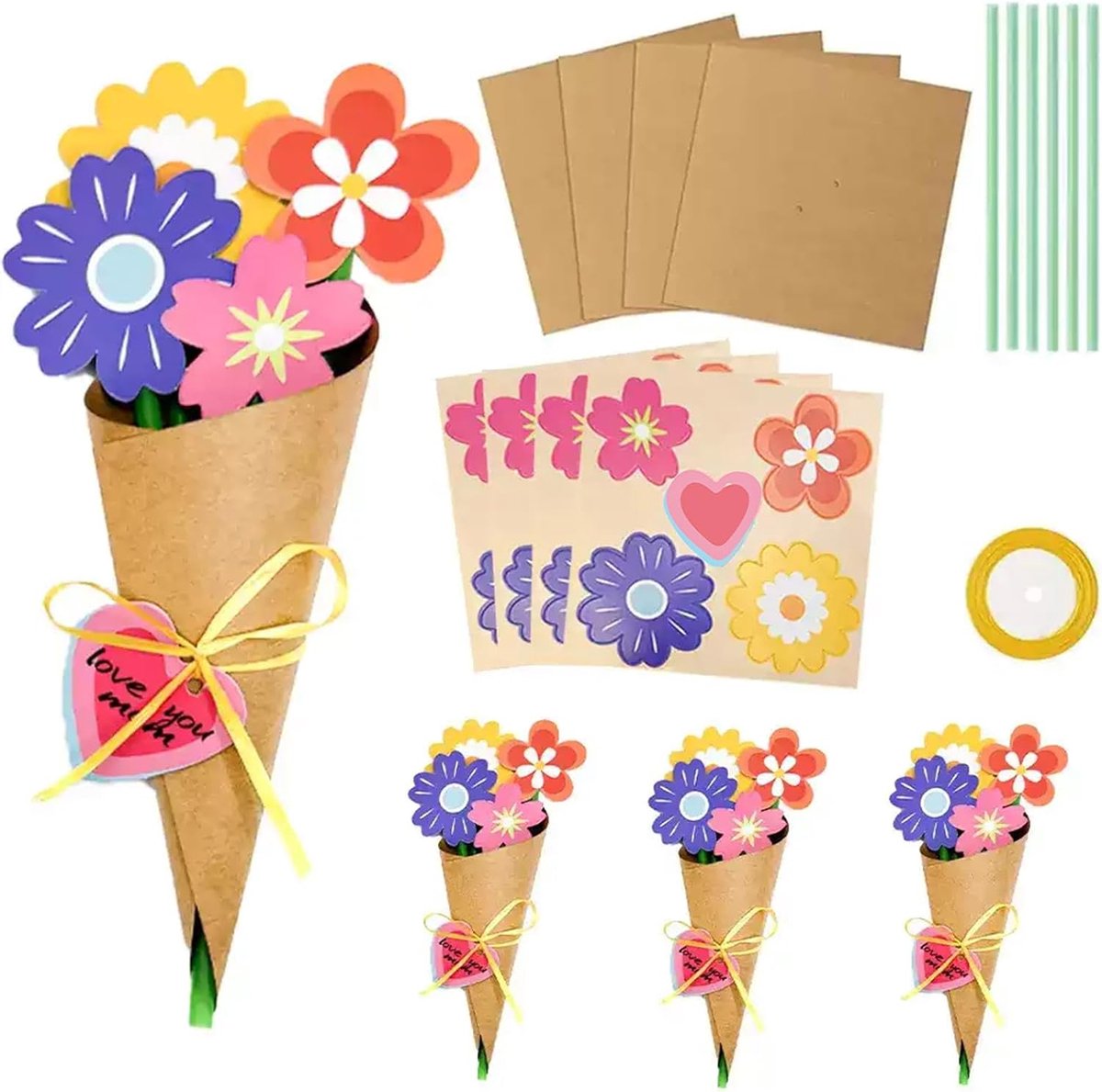 Doe-het-zelf boeket bloemenknutselset voor kinderen, creatief papierknutselwerk voor Moederdag, kinderkunst, La Saint-Valentin, La Journée des enseignants, origami geschenkaccessoires (B-12