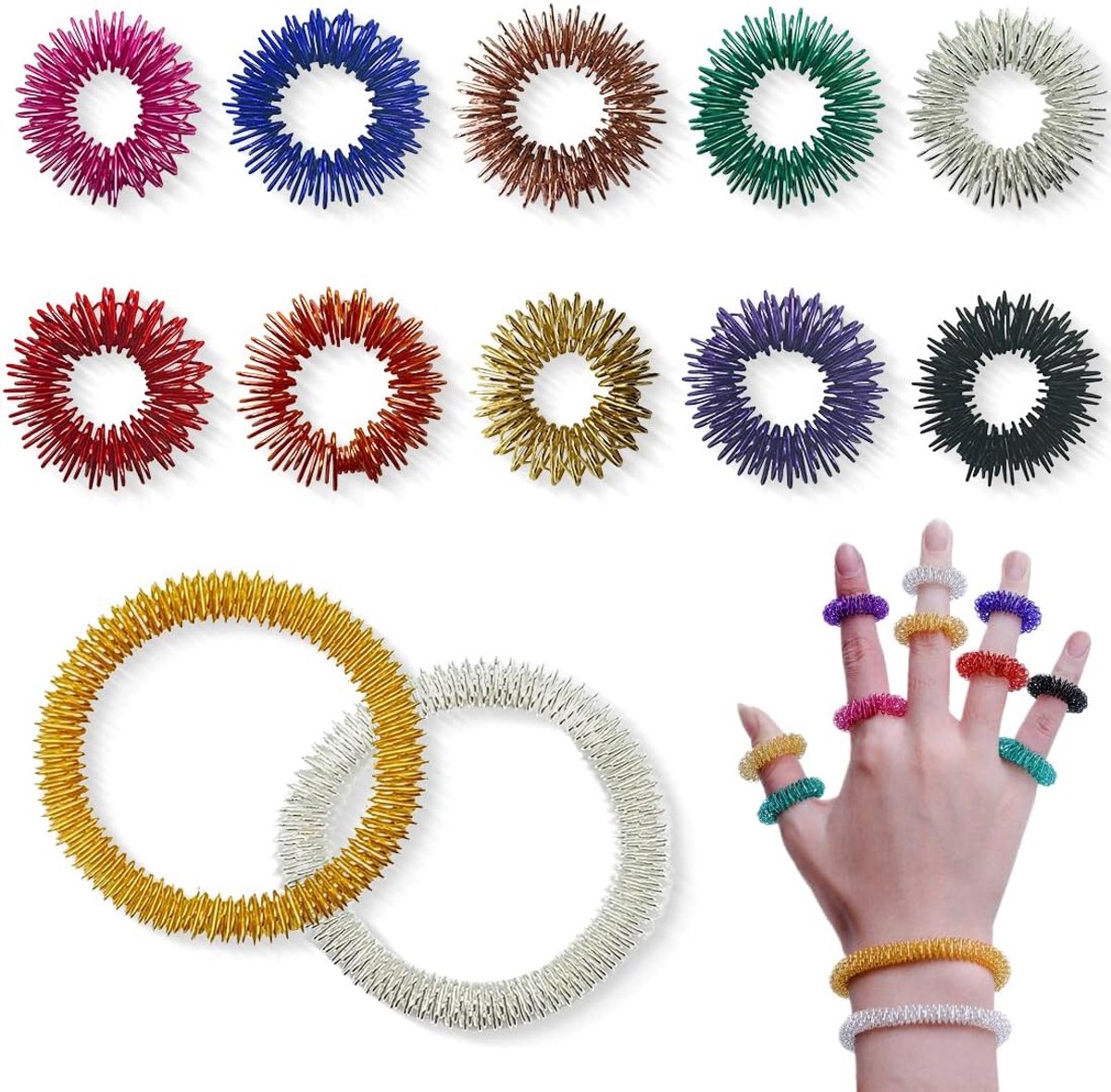Acupressuurringenset, 10 stuks vingeracupressuurringen en 2 stuks polsmassagering, massagering voor stressvermindering en bevordering van de doorbloeding, vingermassage of teenmassage