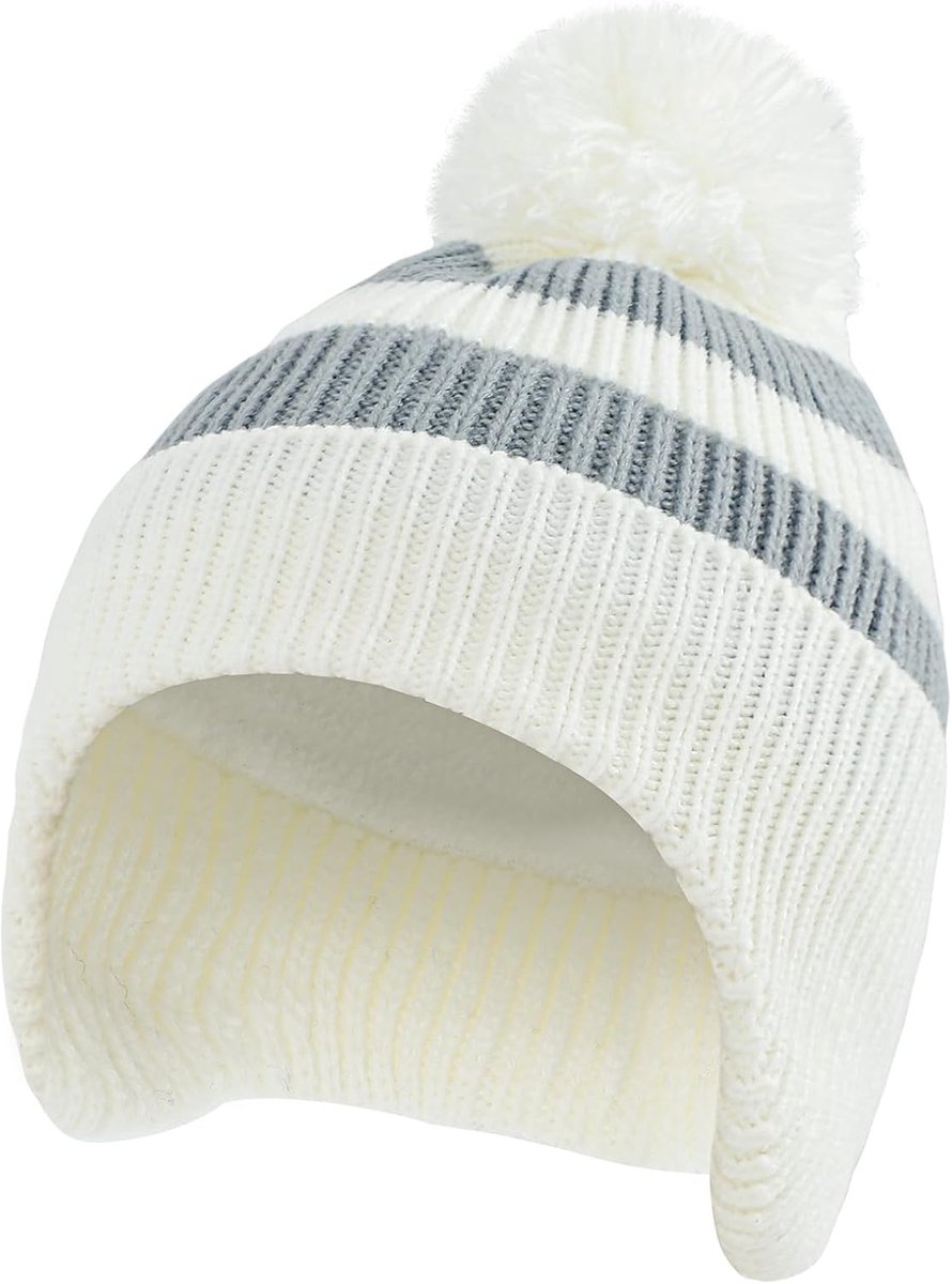 Baby Jongens Meisjes Wintermuts en Kraag Sjaal Set Gebreide Kleuter Oorflappen Muts Warme Petten met Fleecevoering en Pompon 2 Pak