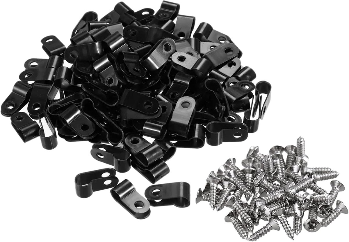 100 stuks nylon type R-kabelslanghouder, zwart 1/4 inch kabelklemmen, kabelhouder met schroef, kabelgeleiding, kabelslanghouder om te schroeven, kabelclips met 100 schroeven (zwart, 1/4 inch)
