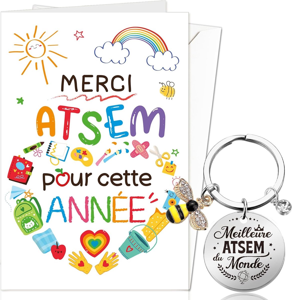 Ideeën Cadeau Maternelle Atsem Merci kaarten avec Enveloppe Porte-Clé Cadeau Atsem d'École Fin d'Année, Cadeau Merci Atsem voor Cette Année Carte, Meilleure ATSEM du Monde Porte Clé