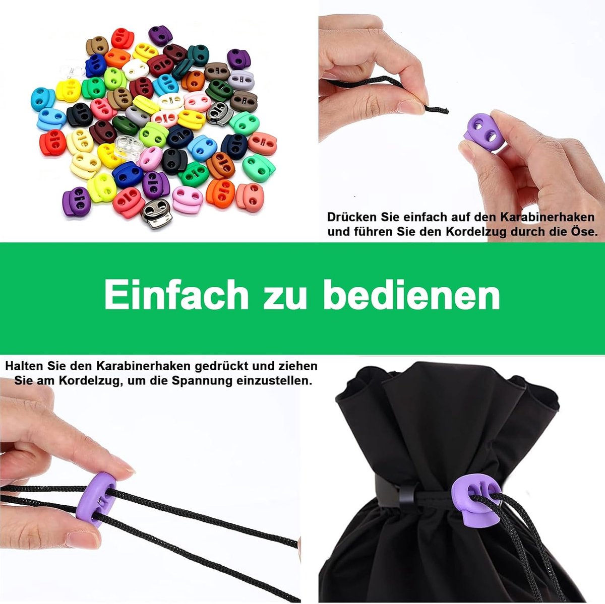 50 stuks koordstoppers met 2 gaten, kunststof koord, koordklem, 18 x 20 mm, voor koord van 4 mm, veters met snelsluiting voor kamperen, wandelen, sport, rugzakken, reserveveters (meerkleurig)