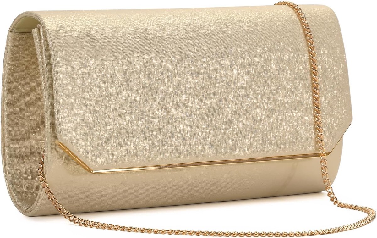 Clutch Avondtas, Champagne Glitter Stof, Envelop Design