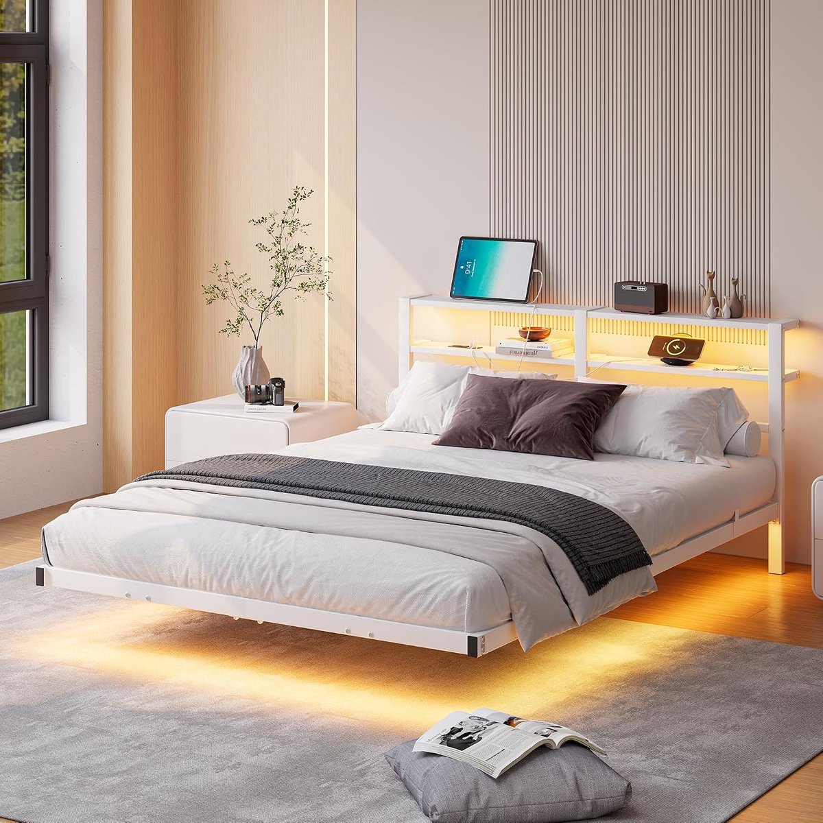 bed van metaal, 140 x 200 cm, met ledverlichting, USB-oplaadstation en hoofdeinde met dubbele plank, robuust stalen frame, stil, wit
