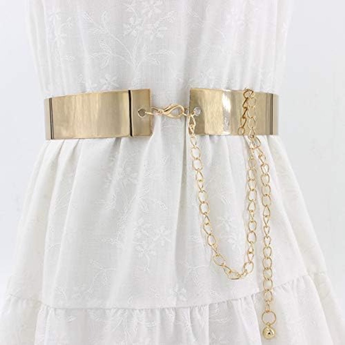 metalen tailleriem met ketting, brede gouden tailleband voor vrouwen, decoratief spiegelplaatontwerp, stijlvol accessoire voor jurken voor dames