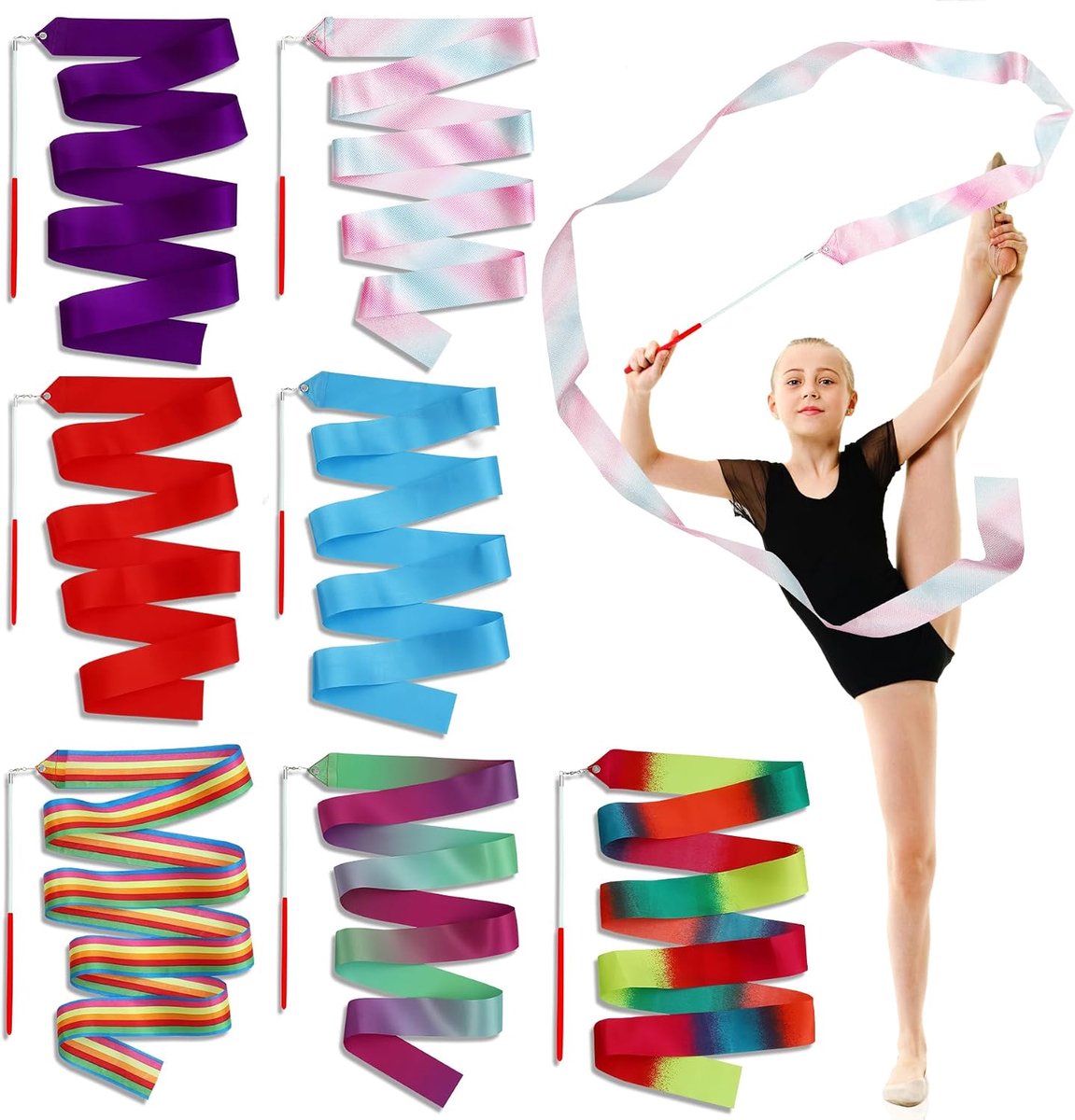 Banden met staaf, 2 m dansband met staaf, kinderen | Kleurrijke dansbanden, ritmische sportgymnastiekband voor kinderdanstraining, talentshow, kinderverjaardag, set met 7 kleuren