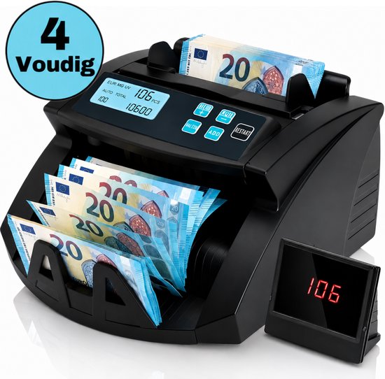 Zwarte geldtelmachine met 20 eurobiljetten, met een display waarop "106 PCS" staat. "4 Voudig" in blauwe cirkel.