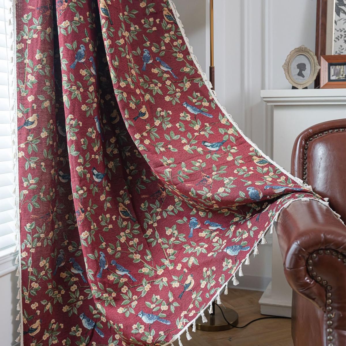 gordijnen ondoorzichtig rood vintage gordijnen linnenlook jacquard vogels bladeren katoen boho gordijn met kwast roedezak voor woonkamer keuken 1-delige set B 150 x H 220 cm
