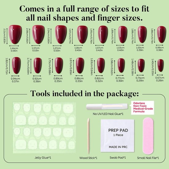 Short Almond Press On False Nails met Nail Glue en Tool Kit - Stick On Nails Soft Gel Tips 25-30 stuks Full Size Set, herbruikbare nepnagels voor vrouwen, Bourgondië — afbeelding 2