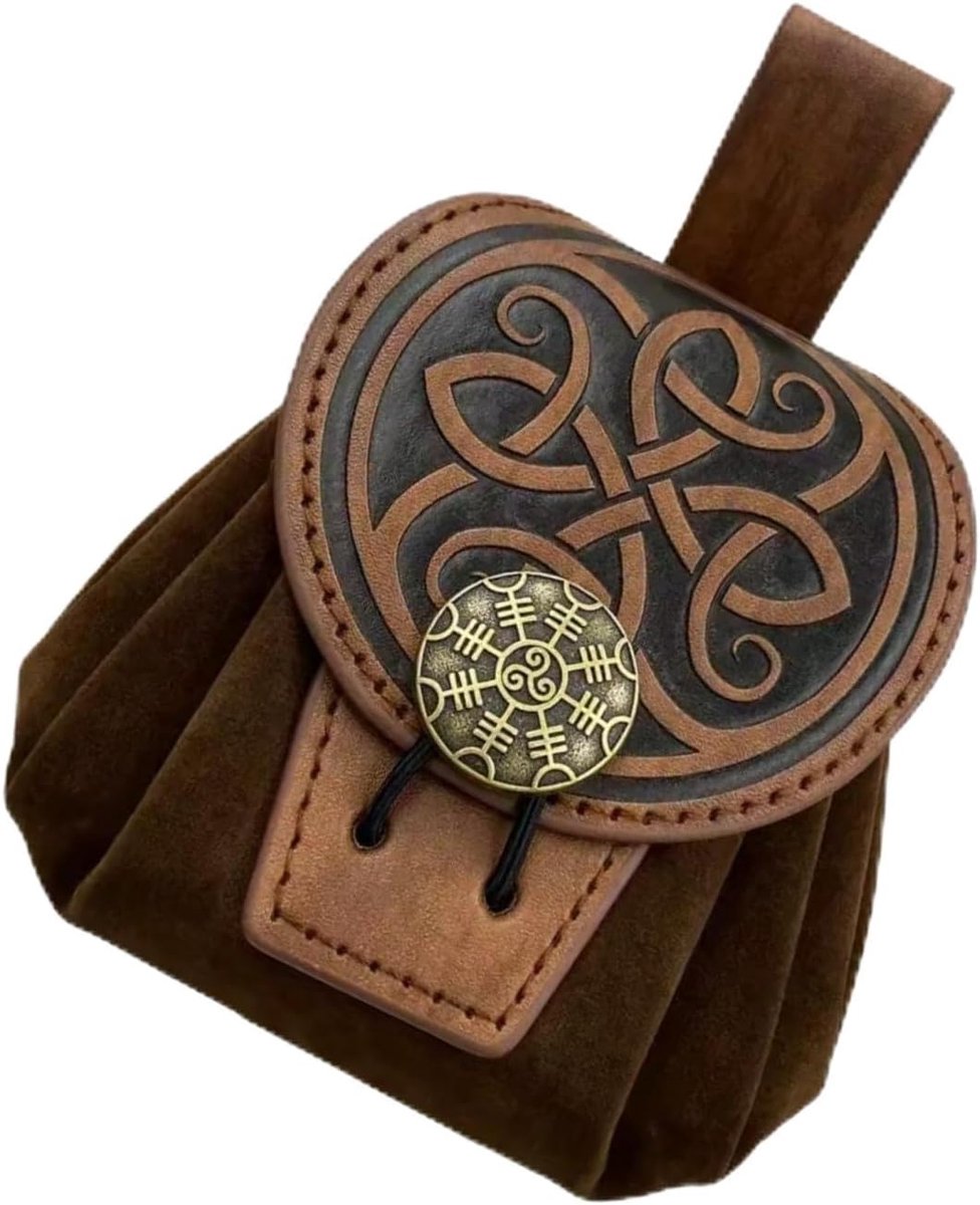 heuptas voor dames en heren, van kunstleer met vierblad-motief, historische leren tas met trekkoord voor munten, voor rollenspel en renaissancefeesten (bruin)