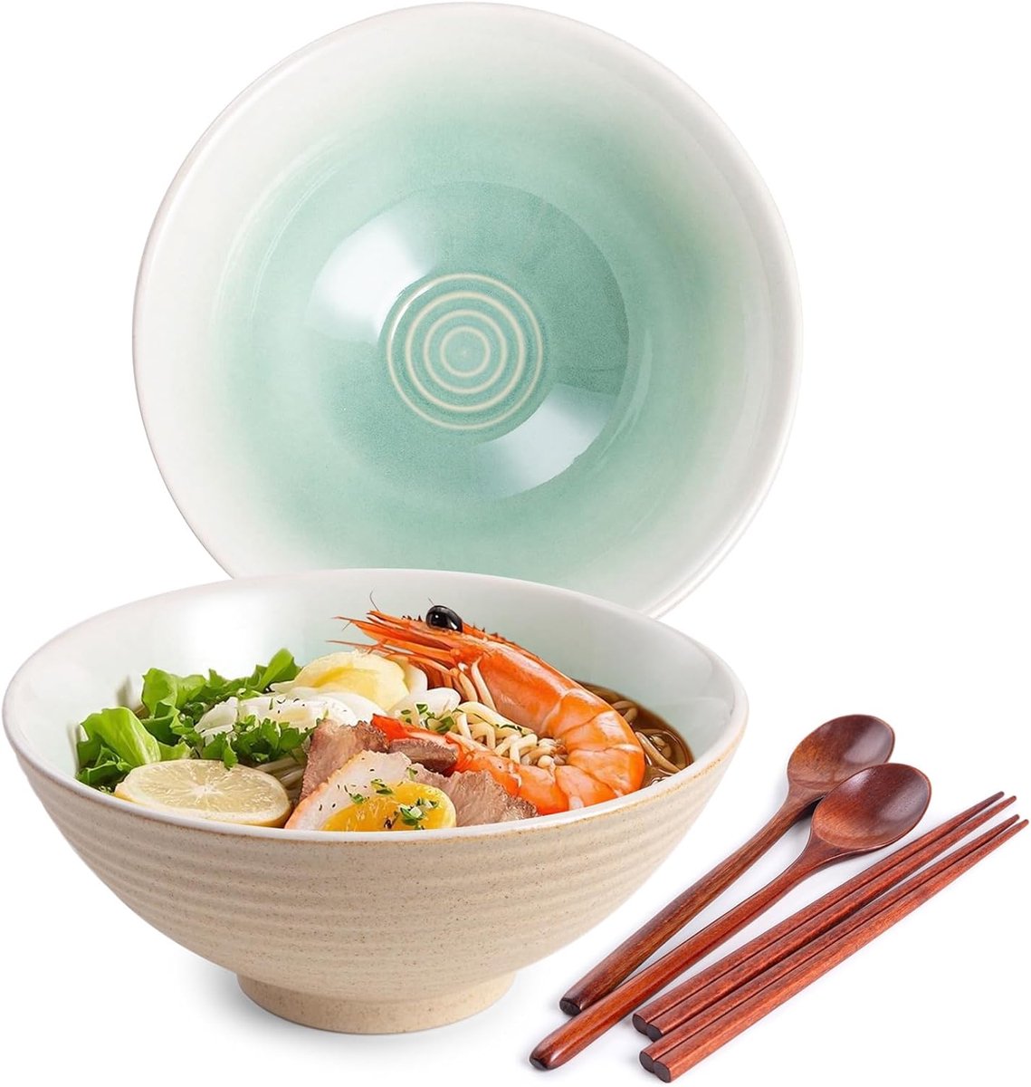 2 x 1200 ml ramenkom van keramiek met eetstokjes en lepels, 20 cm bowl, kom, soepkom, groot (mintgroen)