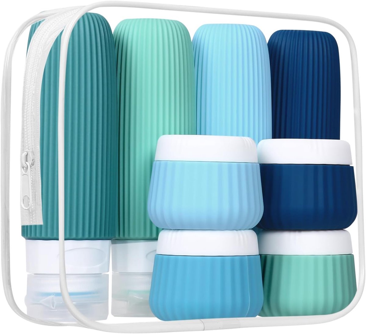 8 stuks reisflessen om te vullen, siliconen reisset, vloeistoffen, reisflessen om te vullen, 100 ml, reiscontainer voor toiletartikelen, met doorzichtige tas, lekvrij, knijpbare reisgadgets