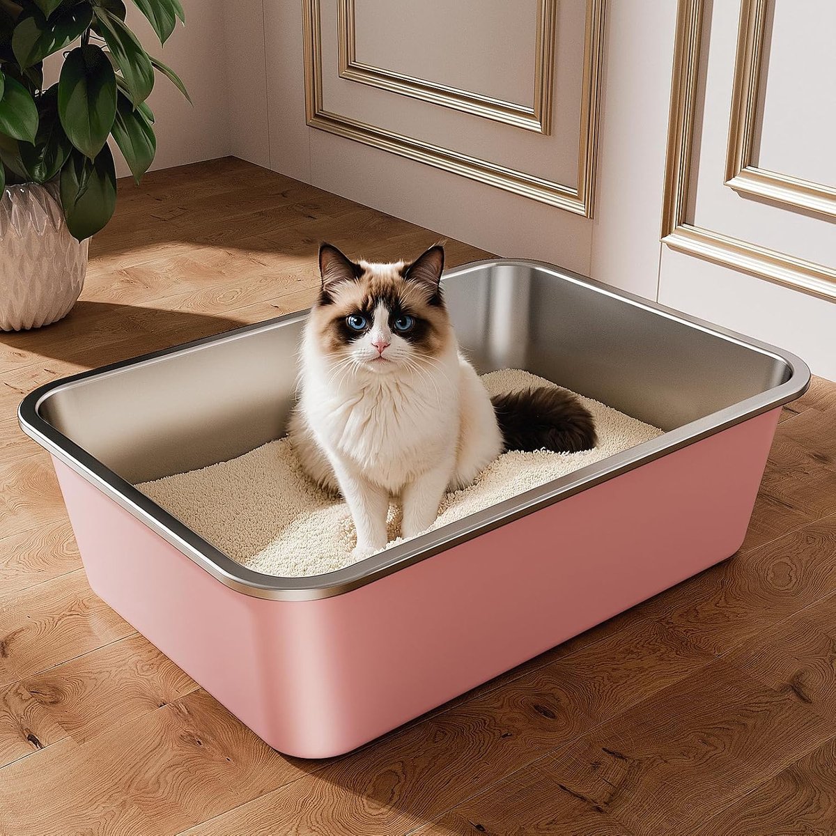 Kattenbak van Roestvrij Staal, Open XXL Kattenbak, Metalen Kattenbakken voor Katten van Alle Maten en Konijnen, met Antiaanbaklaag, Gemakkelijk Schoon te Maken (Rosa, 50 * 35 * 15cm)